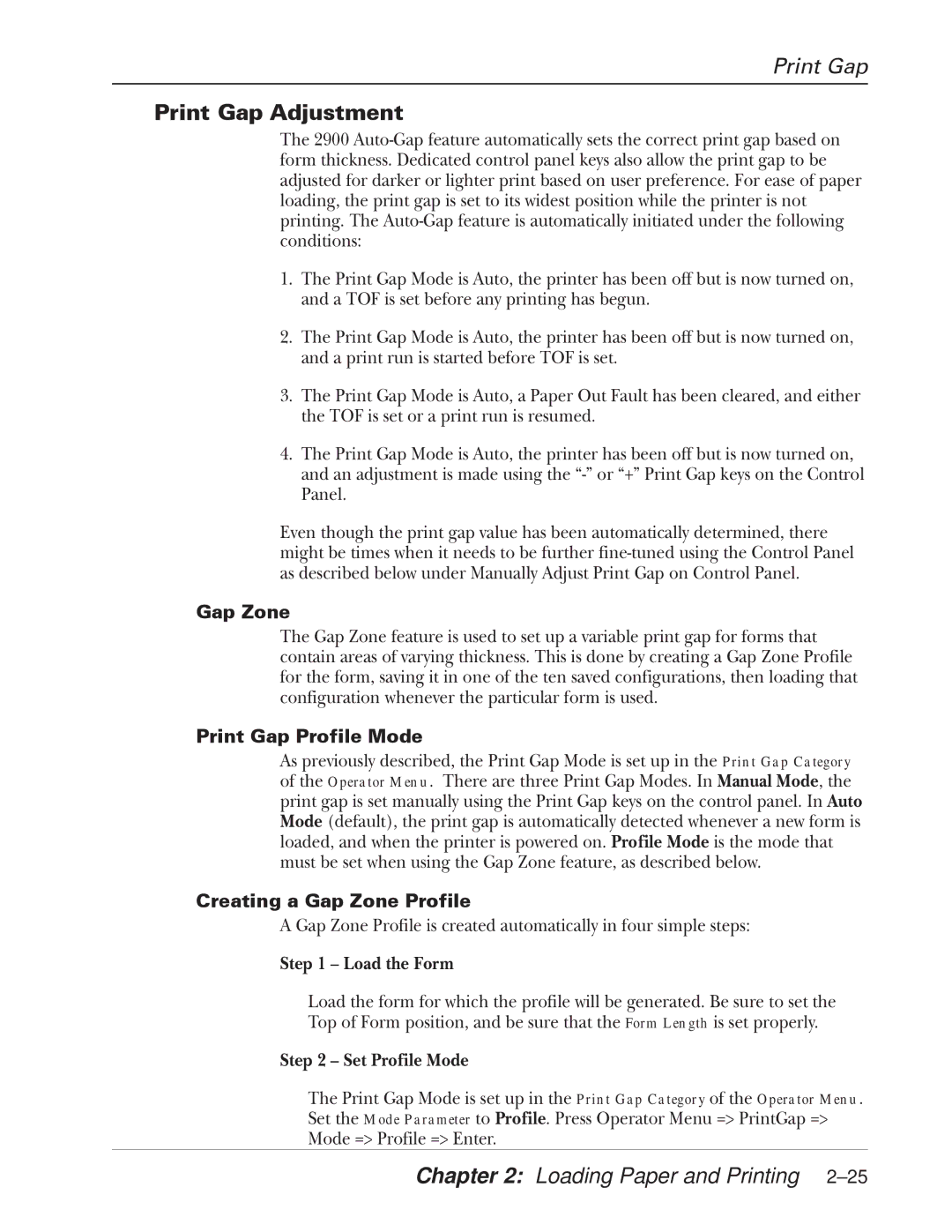 Tally Genicom 2900 manual Print Gap Adjustment, Print Gap Profile Mode, Creating a Gap Zone Profile 