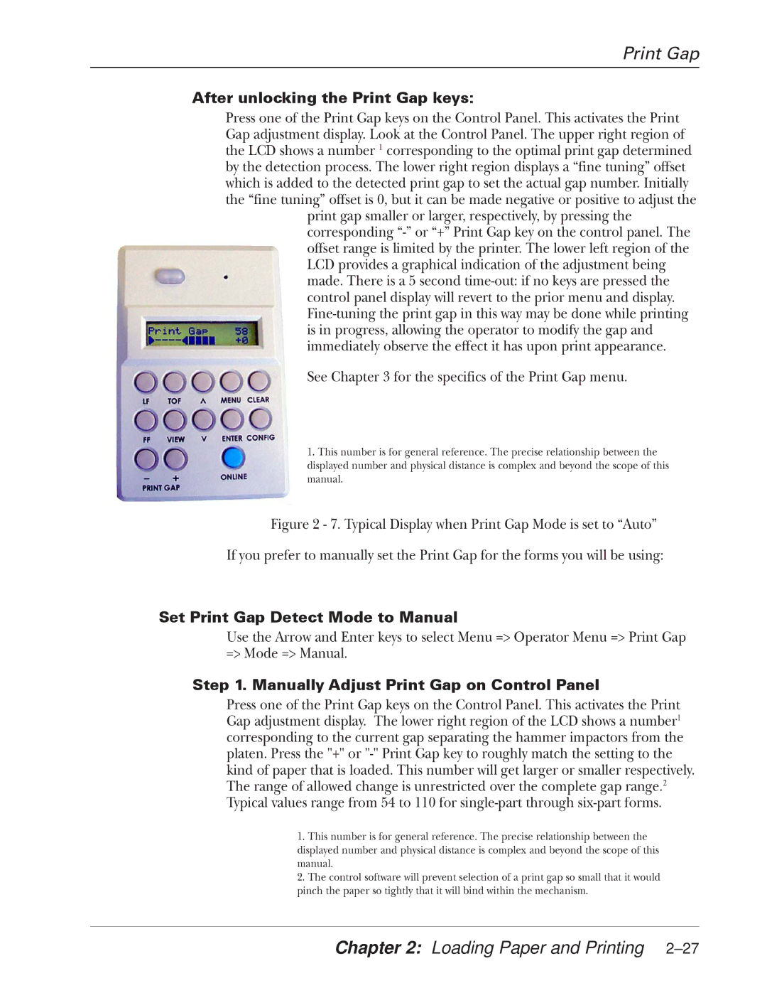 Tally Genicom 2900 manual After unlocking the Print Gap keys, Set Print Gap Detect Mode to Manual 