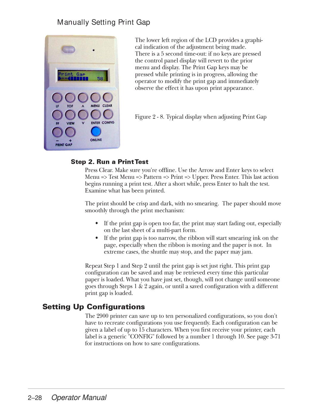 Tally Genicom 2900 manual Manually Setting Print Gap, Setting Up Configurations, 28Operator Manual, Run a Print Test 