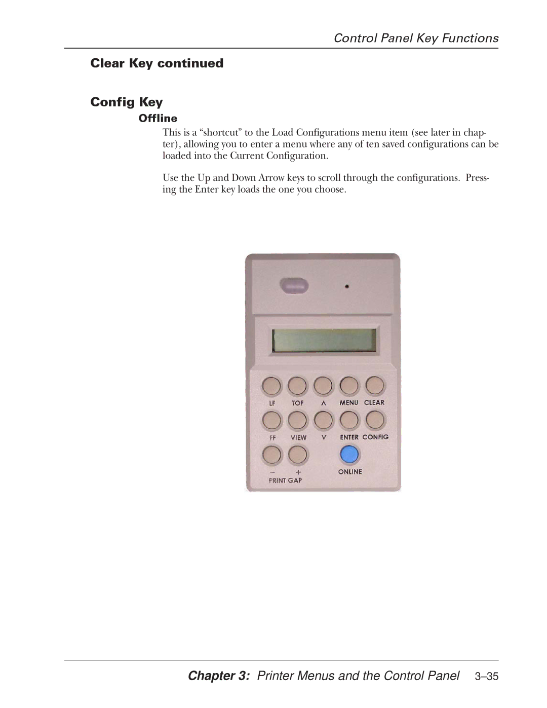 Tally Genicom 2900 manual Clear Key Config Key, Offline 