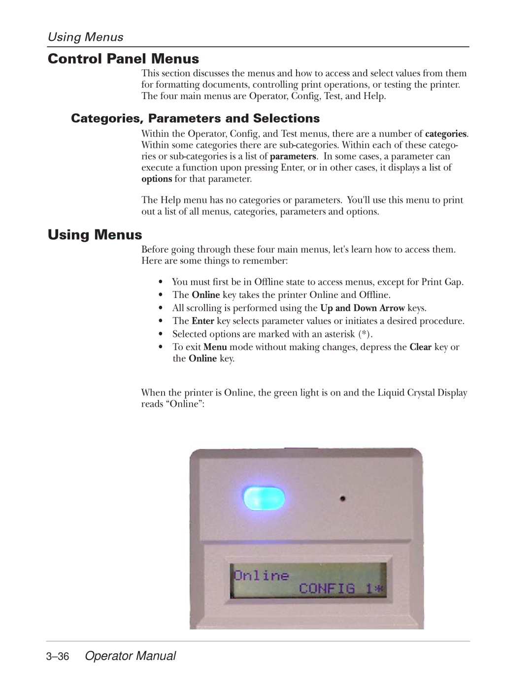 Tally Genicom 2900 manual Control Panel Menus, Using Menus, Categories, Parameters and Selections, 36Operator Manual 