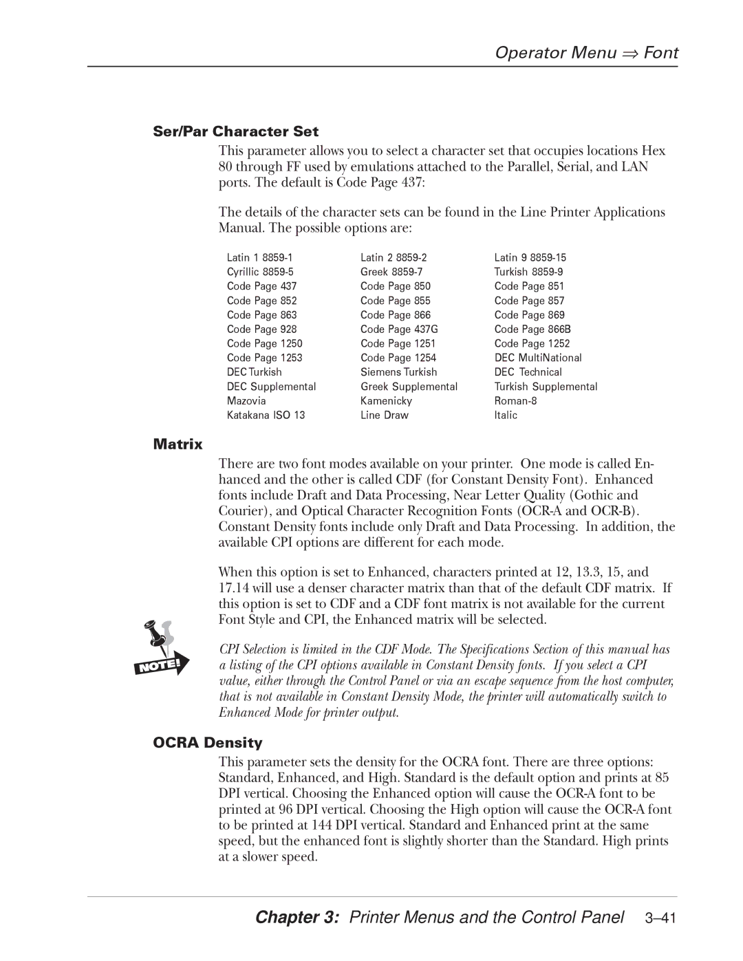 Tally Genicom 2900 manual Ser/Par Character Set, Matrix, Ocra Density 