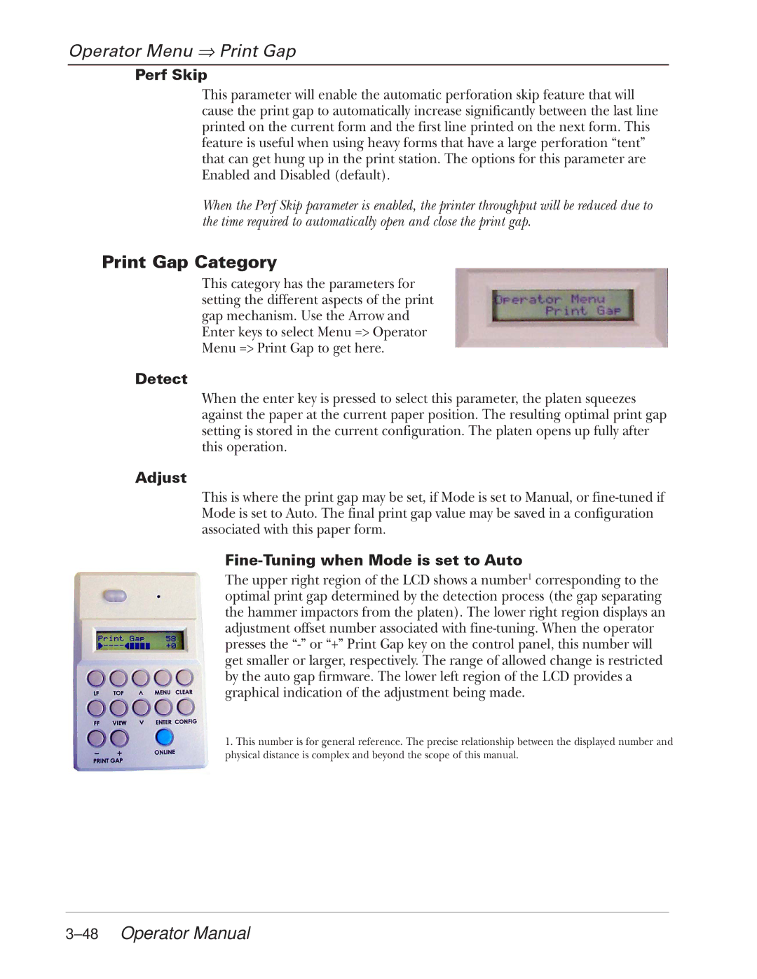 Tally Genicom 2900 manual Operator Menu ⇒ Print Gap, Print Gap Category, 48Operator Manual 