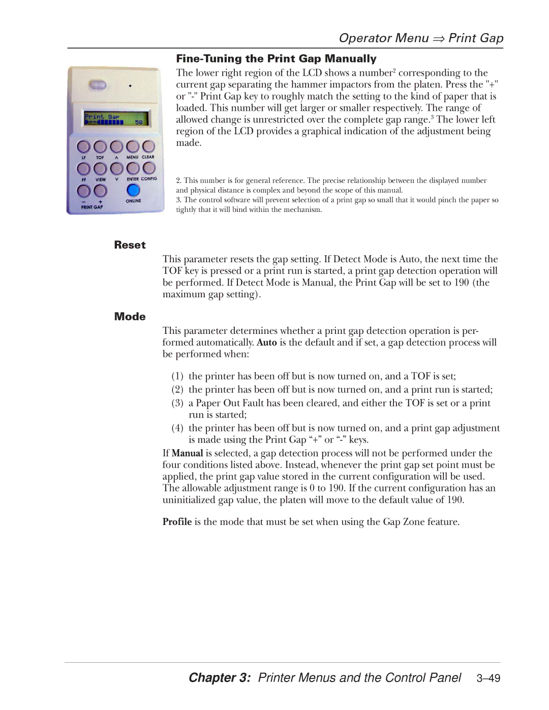 Tally Genicom 2900 manual Fine-Tuning the Print Gap Manually, Reset, Mode 