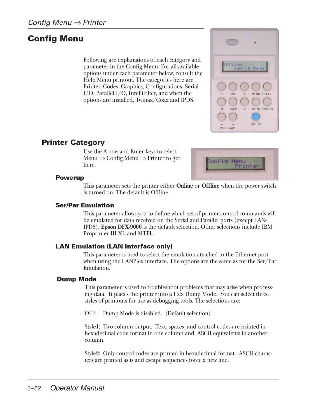 Tally Genicom 2900 manual Config Menu ⇒ Printer, Printer Category, 52Operator Manual 