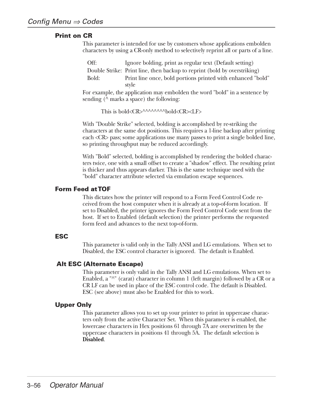 Tally Genicom 2900 manual 56Operator Manual, Print on CR, Form Feed at TOF, Alt ESC Alternate Escape, Upper Only 