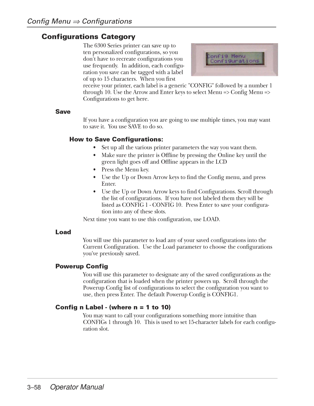 Tally Genicom 2900 manual Config Menu ⇒ Configurations, Configurations Category, 58Operator Manual 