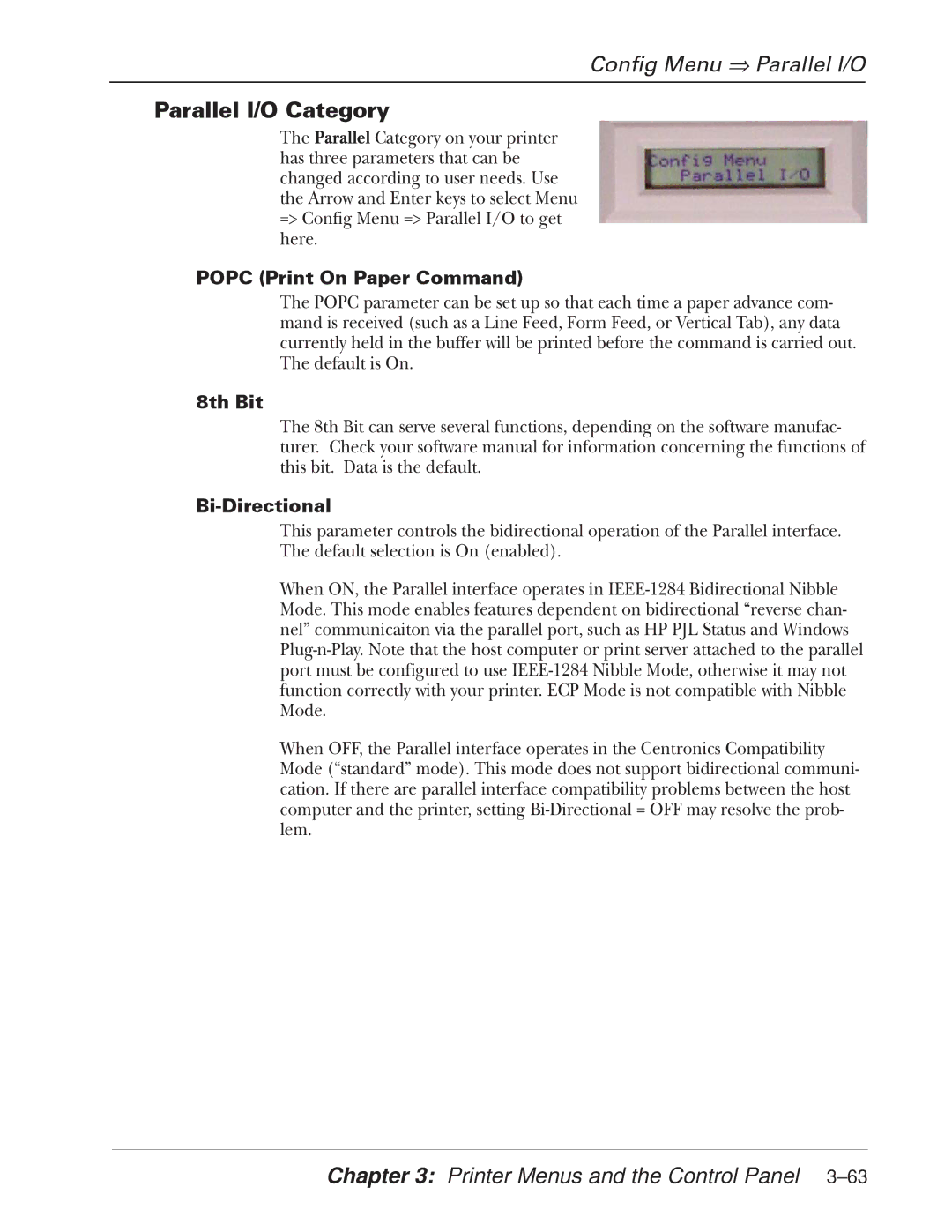 Tally Genicom 2900 manual Config Menu ⇒ Parallel I/O, Parallel I/O Category, Popc Print On Paper Command, Bi-Directional 