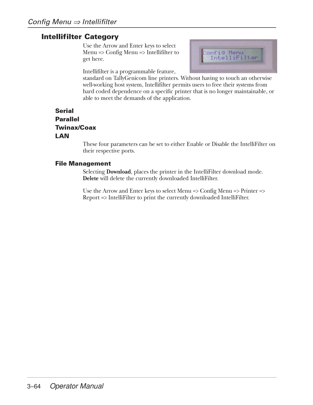 Tally Genicom 2900 Config Menu ⇒ Intellifilter, Intellifilter Category, 64Operator Manual, Serial Parallel Twinax/Coax 