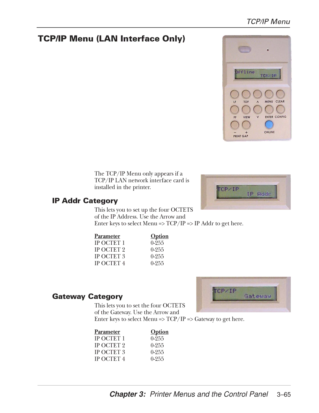 Tally Genicom 2900 manual TCP/IP Menu LAN Interface Only, IP Addr Category, Gateway Category 