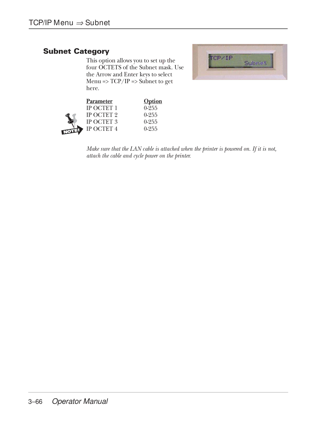 Tally Genicom 2900 manual TCP/IP Menu ⇒ Subnet, Subnet Category, 66Operator Manual 