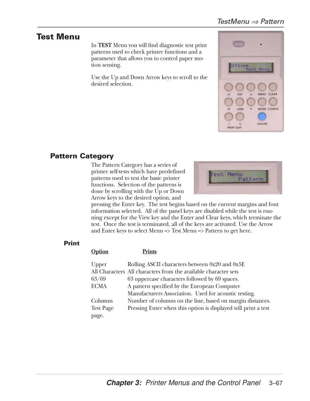 Tally Genicom 2900 manual Test Menu, TestMenu ⇒ Pattern, Pattern Category, Print 