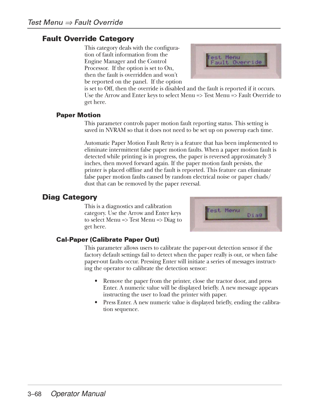 Tally Genicom 2900 manual Test Menu ⇒ Fault Override, Fault Override Category, Diag Category, 68Operator Manual 