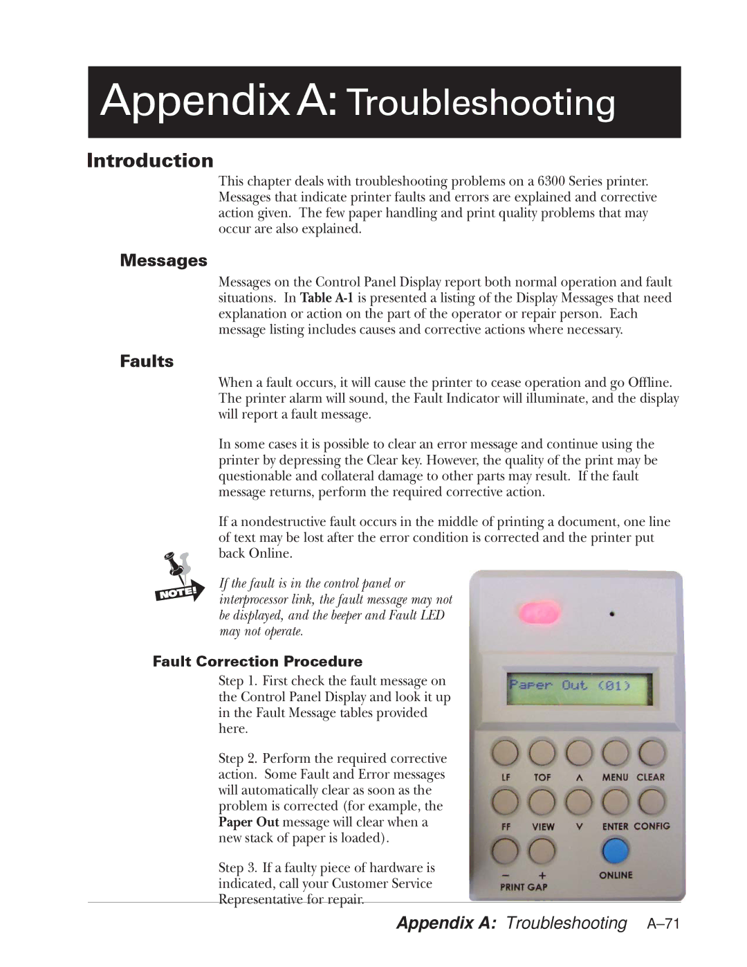 Tally Genicom 2900 manual Messages, Faults, Appendix a Troubleshooting A-71, Fault Correction Procedure 