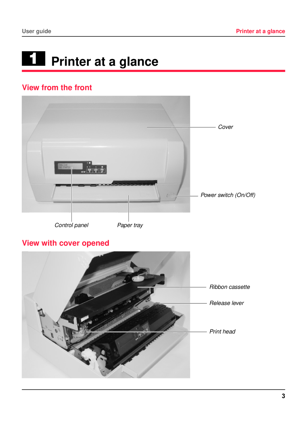 Tally Genicom 5040 manual Printer at a glance, View from the front, View with cover opened 