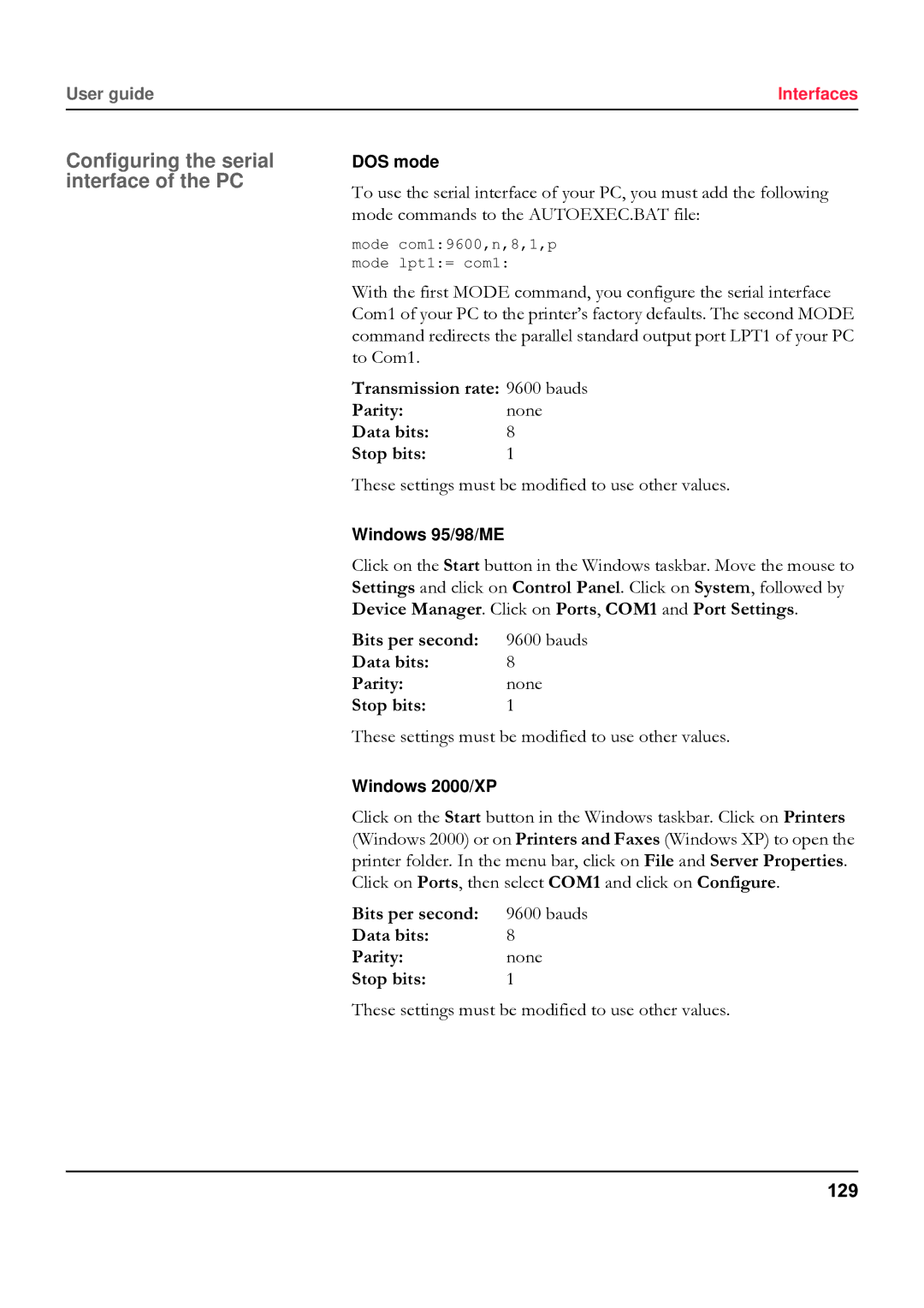 Tally Genicom 5040 manual Configuring the serial interface of the PC, 129, DOS mode, Windows 95/98/ME, Windows 2000/XP 