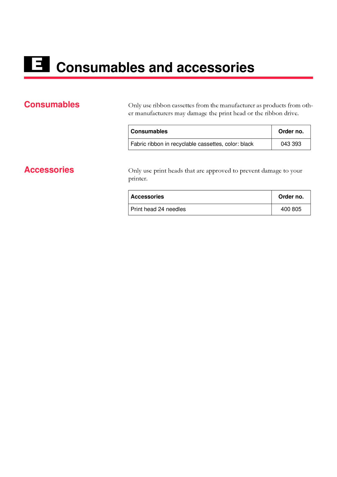 Tally Genicom 5040 Consumables and accessories, Consumables Accessories, Accessories Order no Print head 24 needles 400 