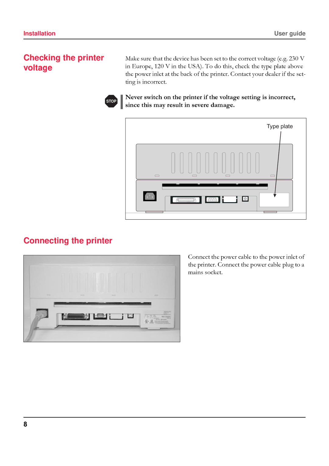 Tally Genicom 5040 manual Checking the printer voltage, Connecting the printer 