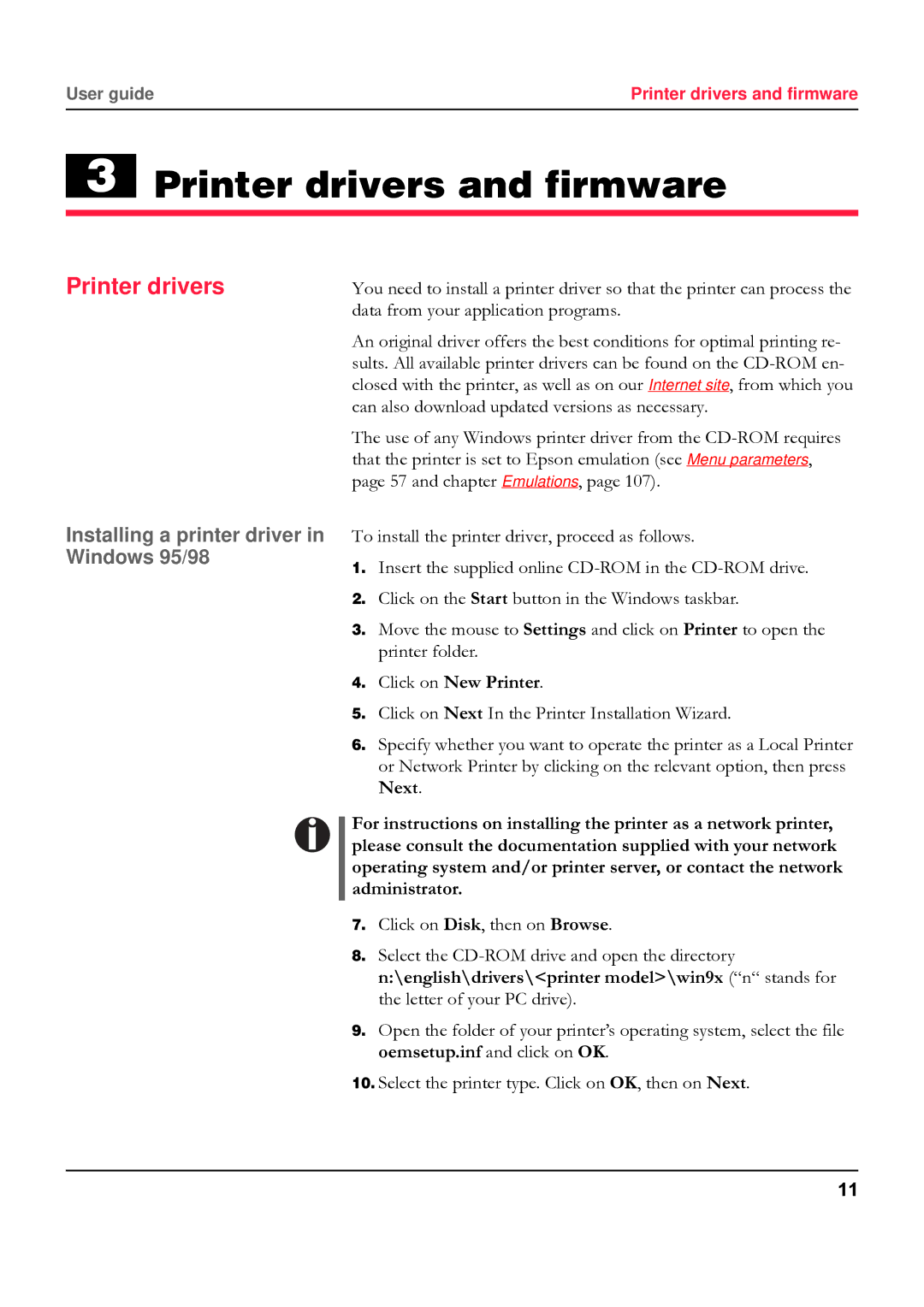 Tally Genicom 5040 manual Printer drivers and firmware, Installing a printer driver in Windows 95/98 