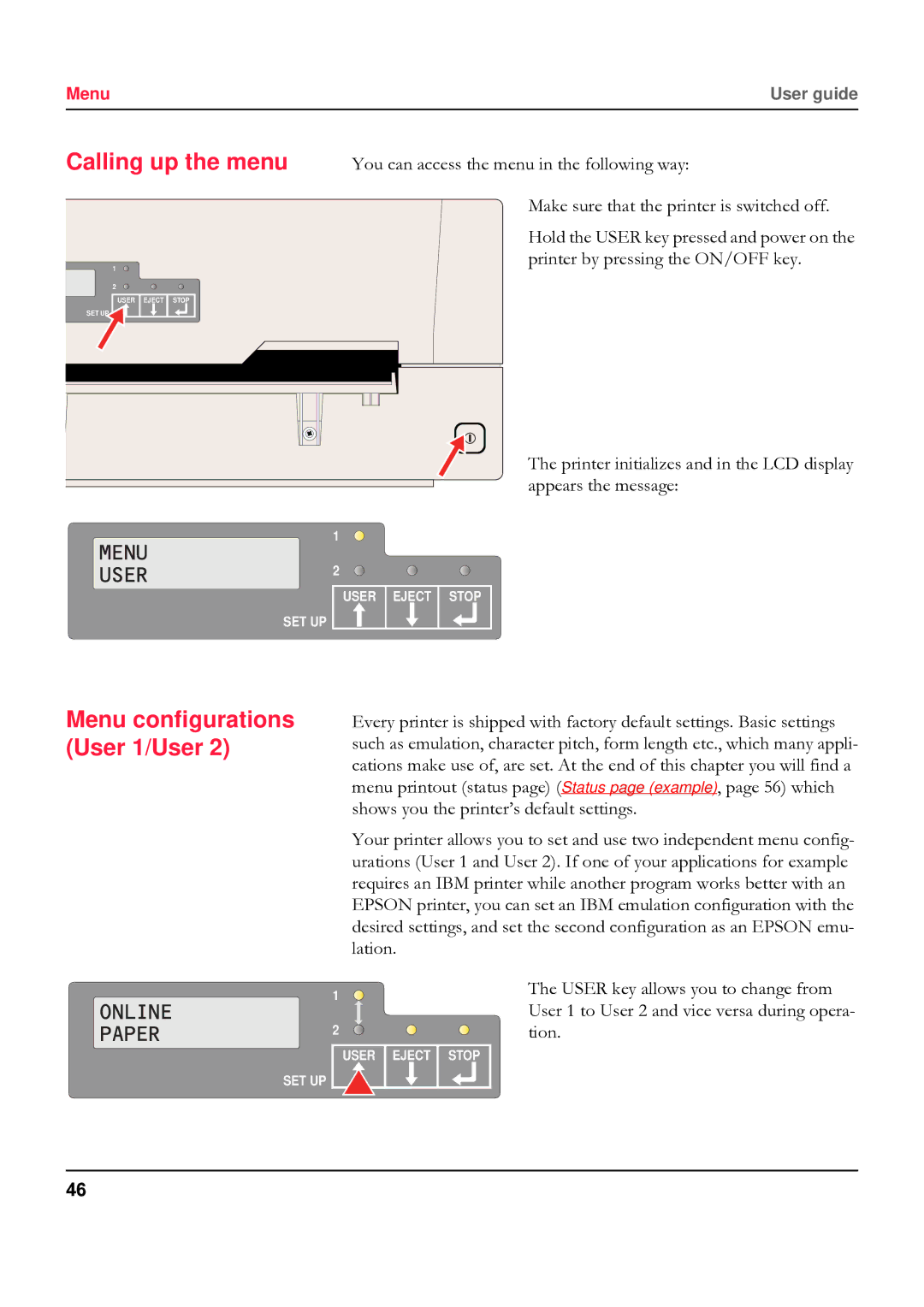 Tally Genicom 5040 manual Calling up the menu, Menu configurations User 1/User 