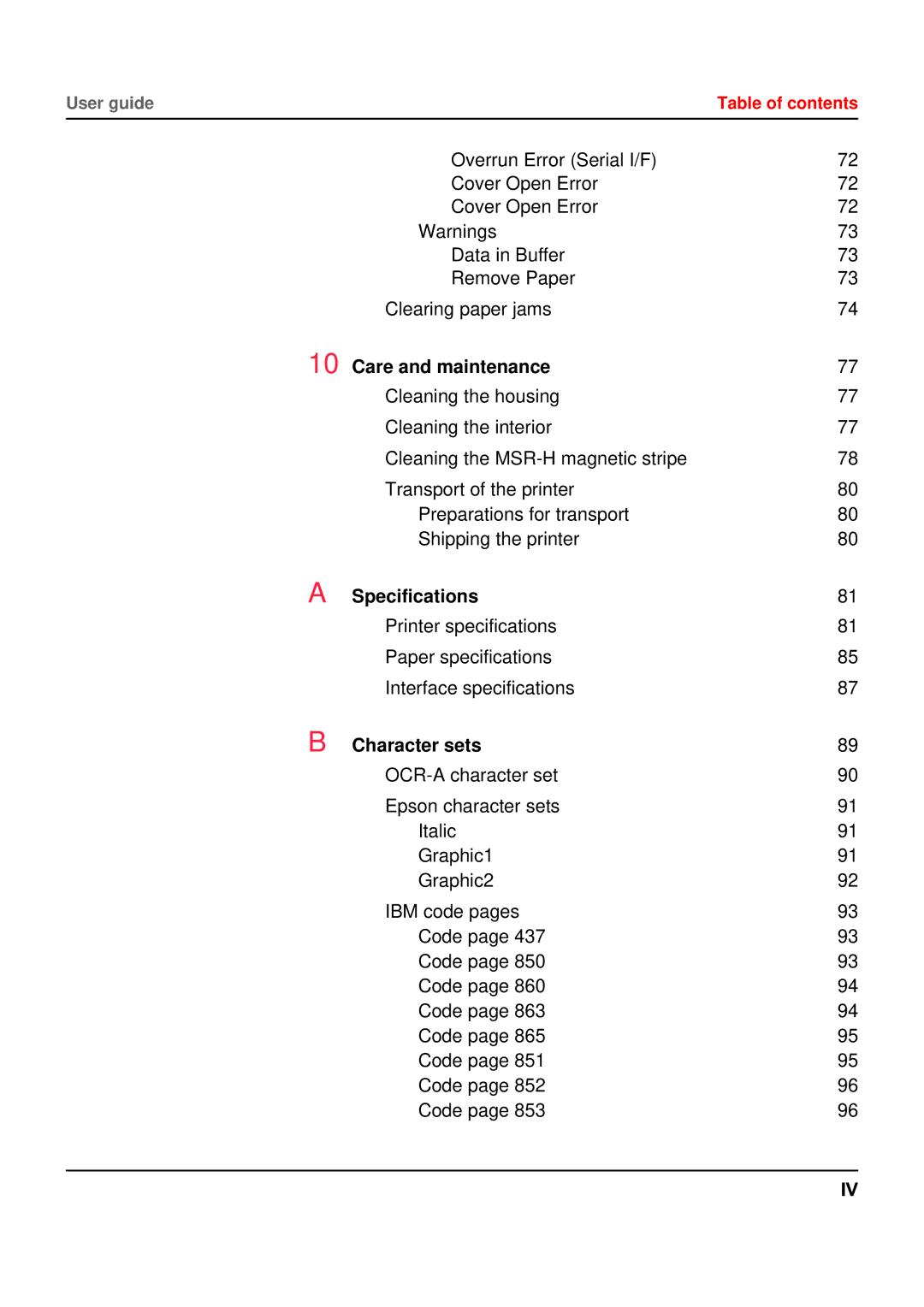 Tally Genicom 5040 manual Care and maintenance, Specifications, Character sets 