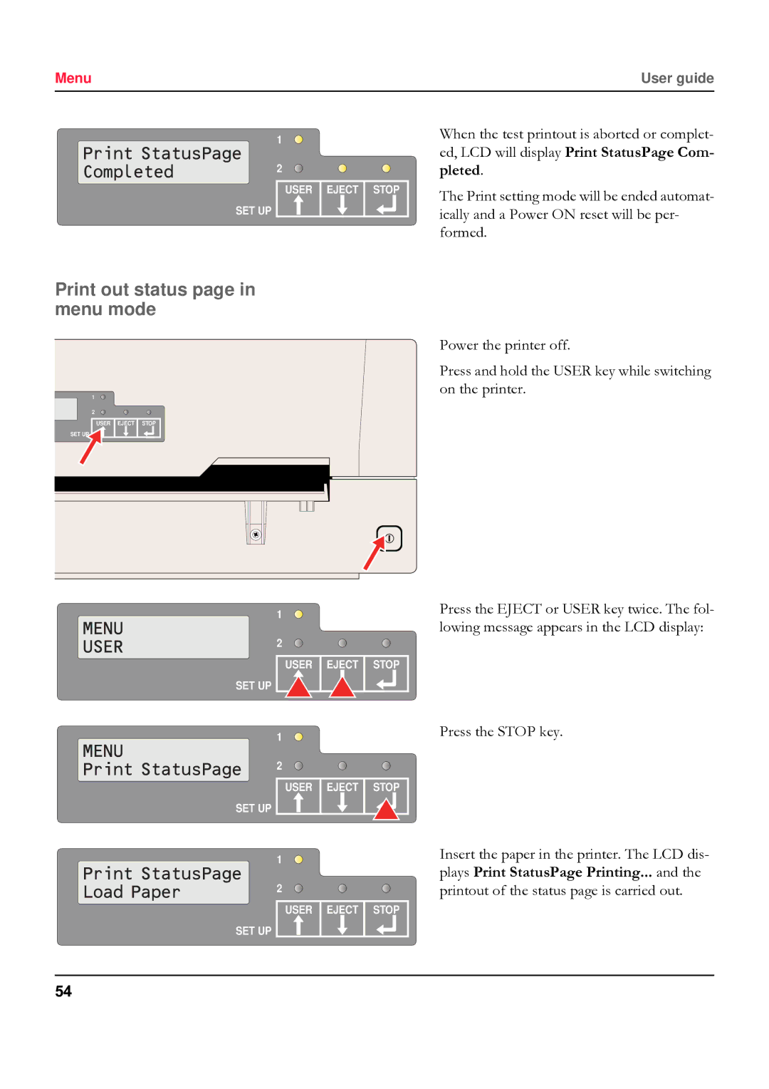 Tally Genicom 5040 manual +$%, Print out status page in menu mode 