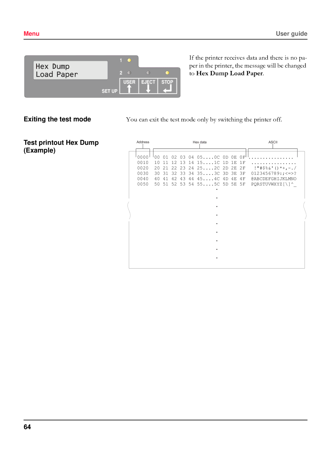 Tally Genicom 5040 manual Exiting the test mode Test printout Hex Dump Example 