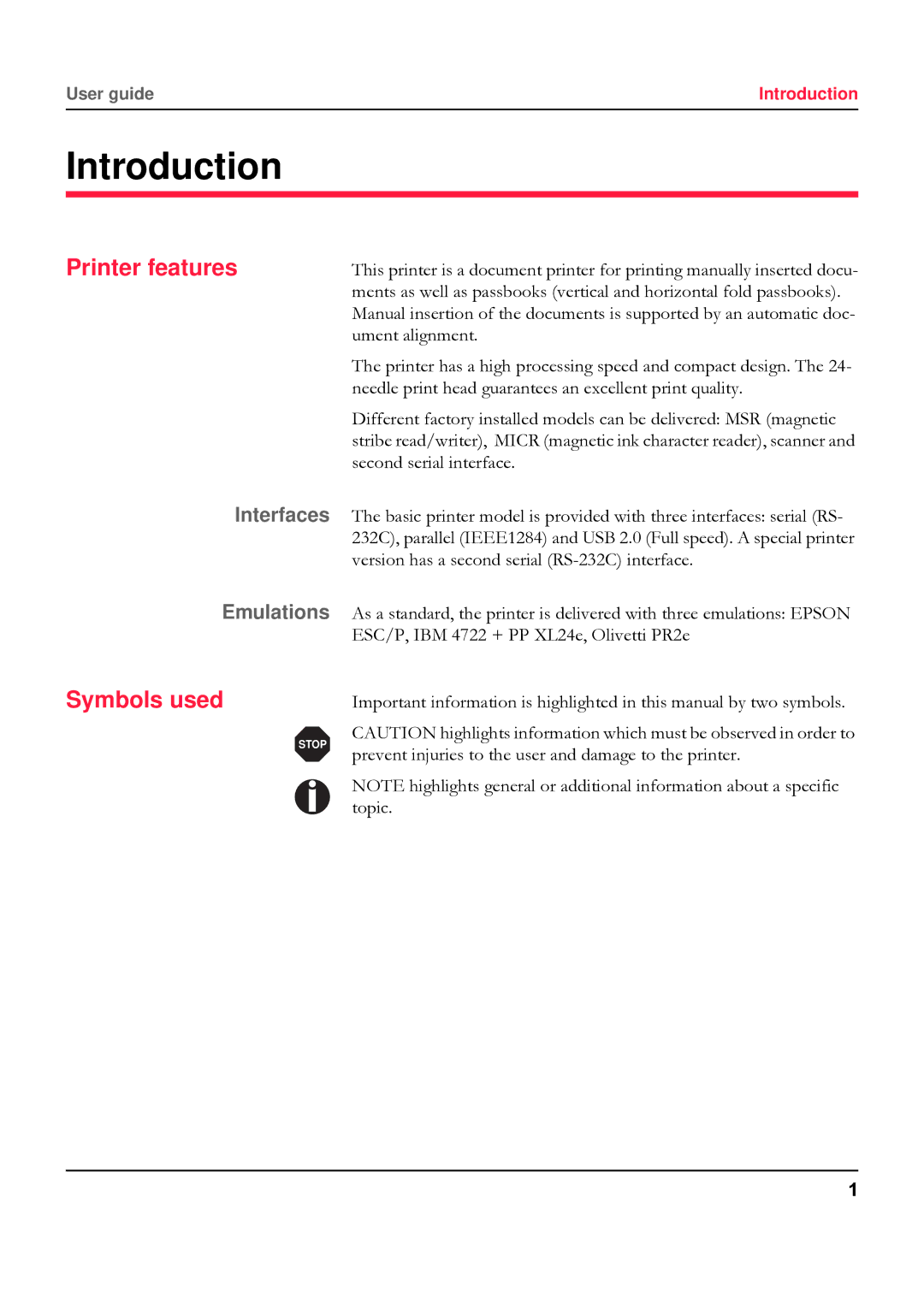 Tally Genicom 5040 manual Introduction, Printer features, Symbols used, Interfaces, Emulations 