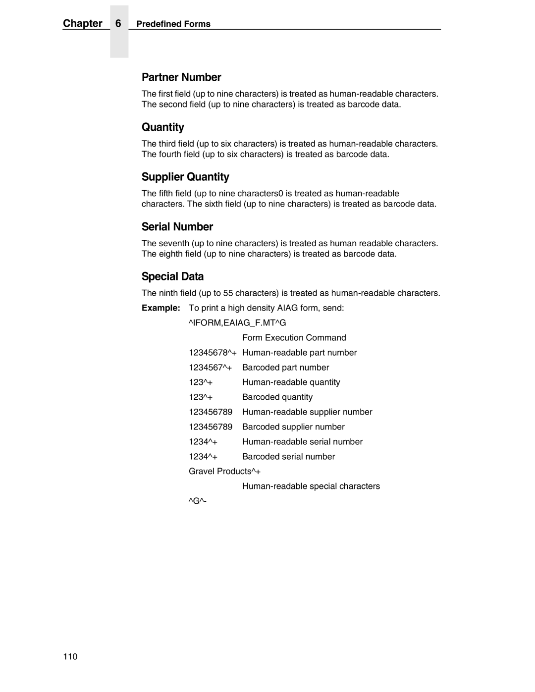 Tally Genicom 6600 manual Partner Number, Supplier Quantity, Serial Number, Special Data 