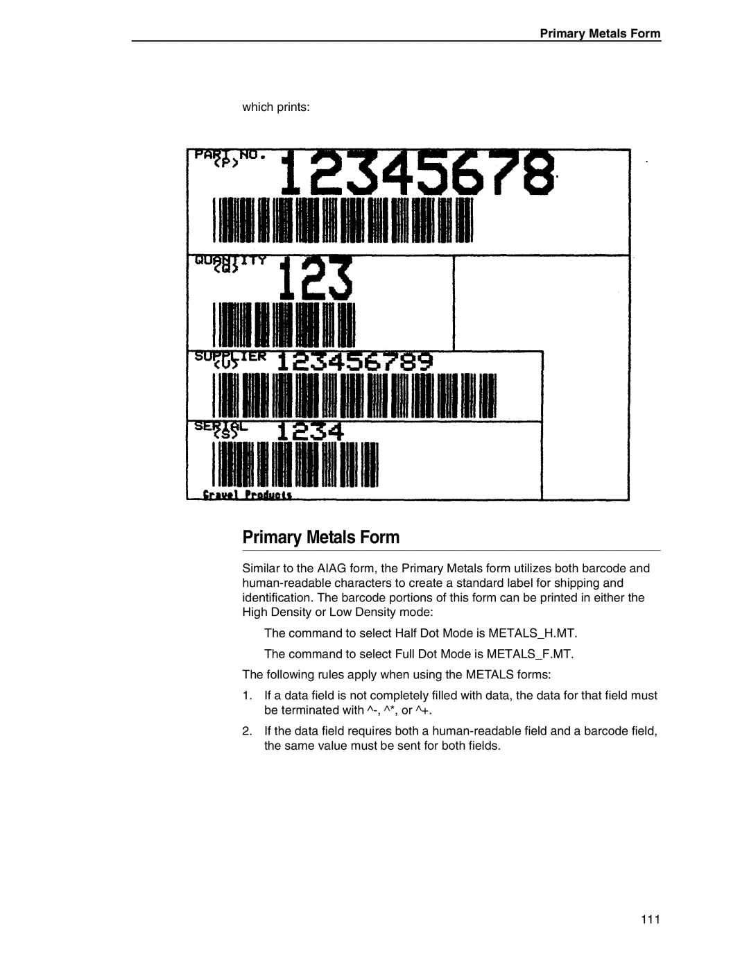 Tally Genicom 6600 manual Primary Metals Form 