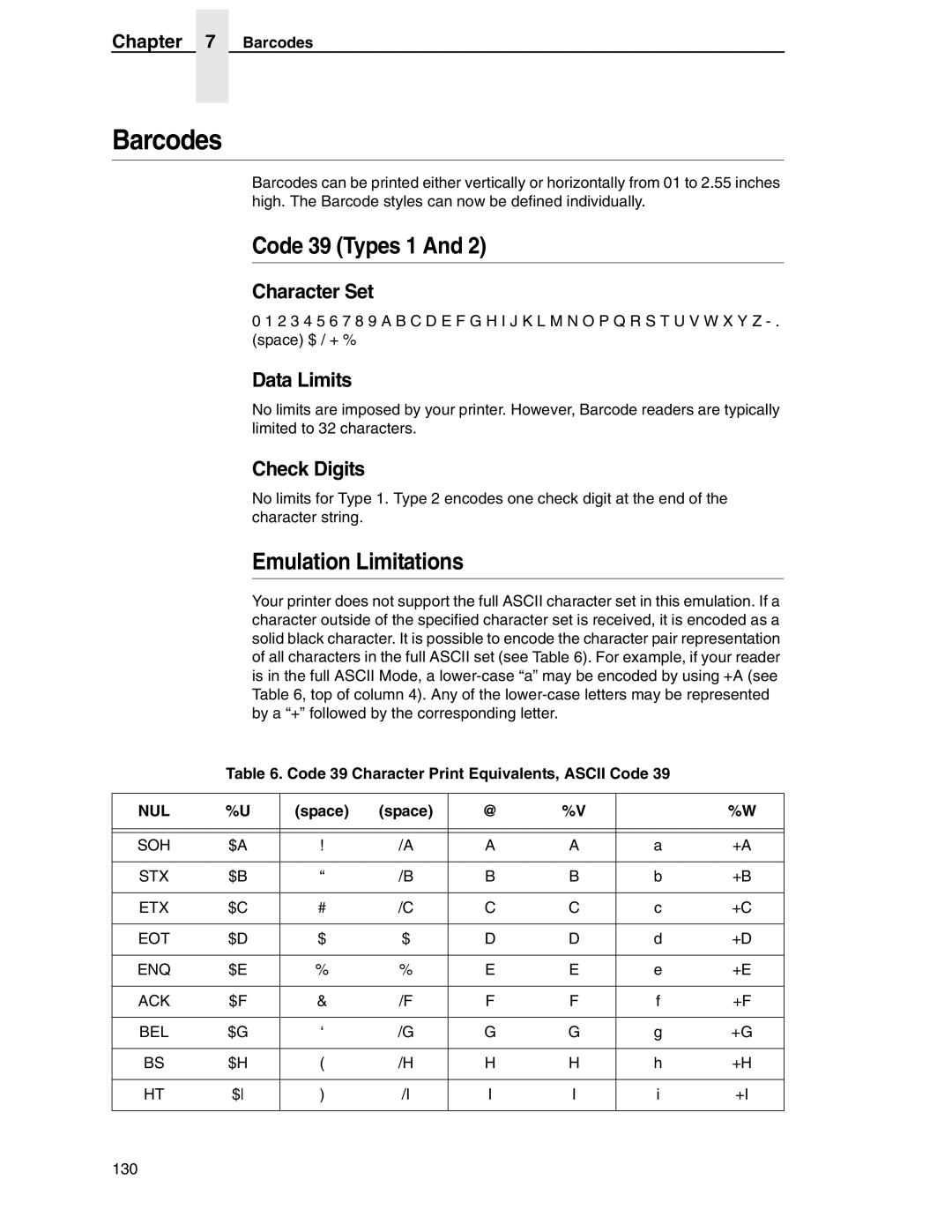 Tally Genicom 6600 manual Barcodes, Code 39 Types 1, Emulation Limitations 