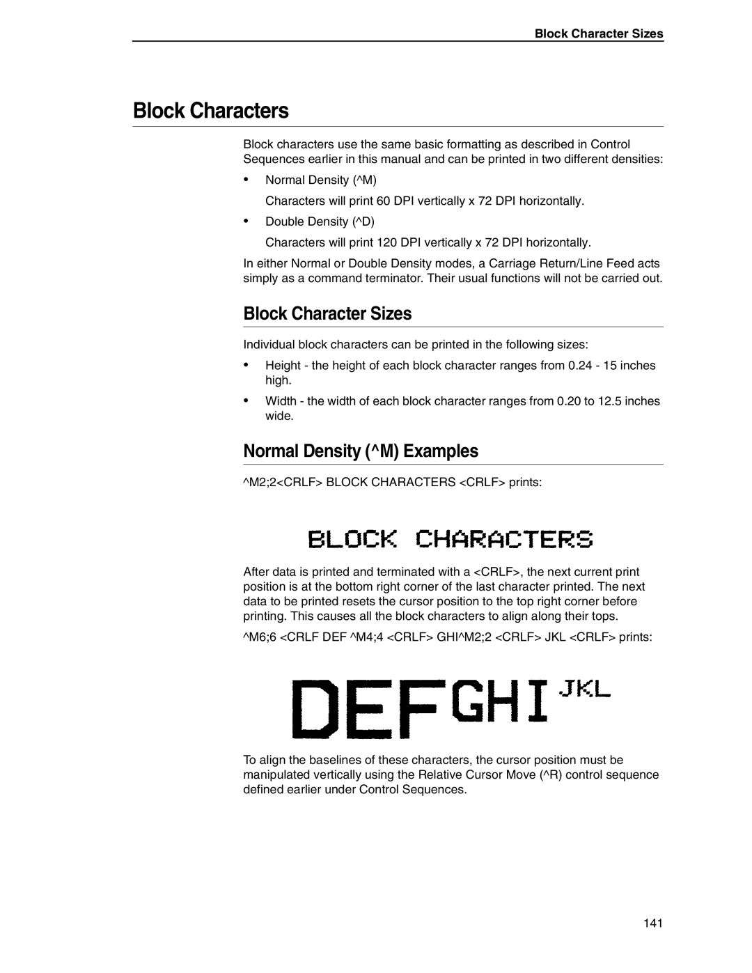 Tally Genicom 6600 manual Block Characters, Block Character Sizes, Normal Density M Examples 