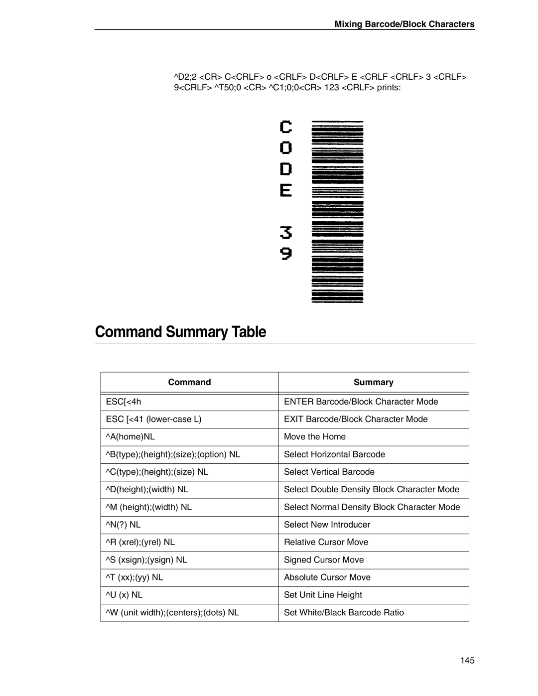 Tally Genicom 6600 manual Command Summary Table, Mixing Barcode/Block Characters 