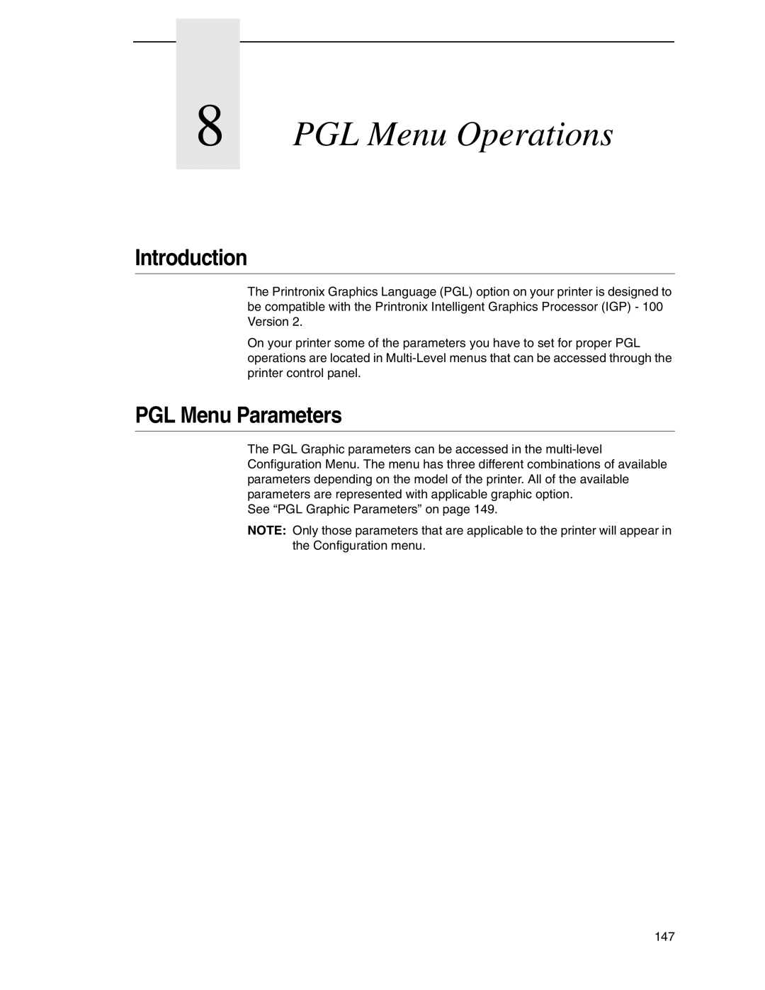 Tally Genicom 6600 manual PGL Menu Operations, PGL Menu Parameters 