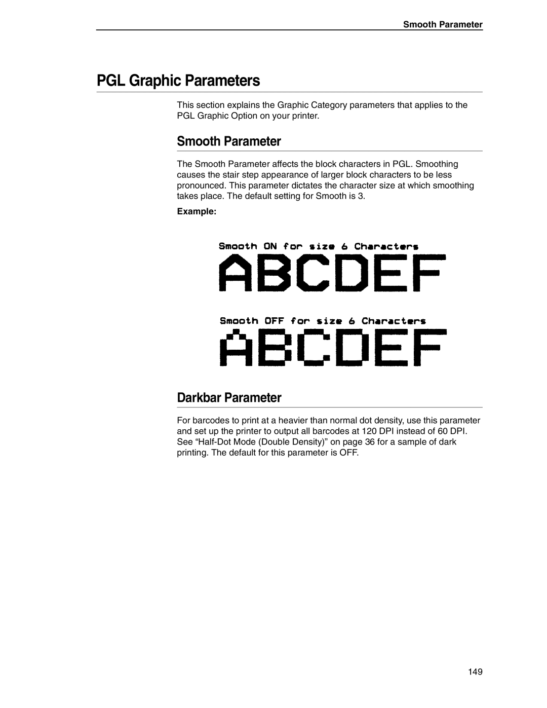 Tally Genicom 6600 manual PGL Graphic Parameters, Smooth Parameter, Darkbar Parameter 