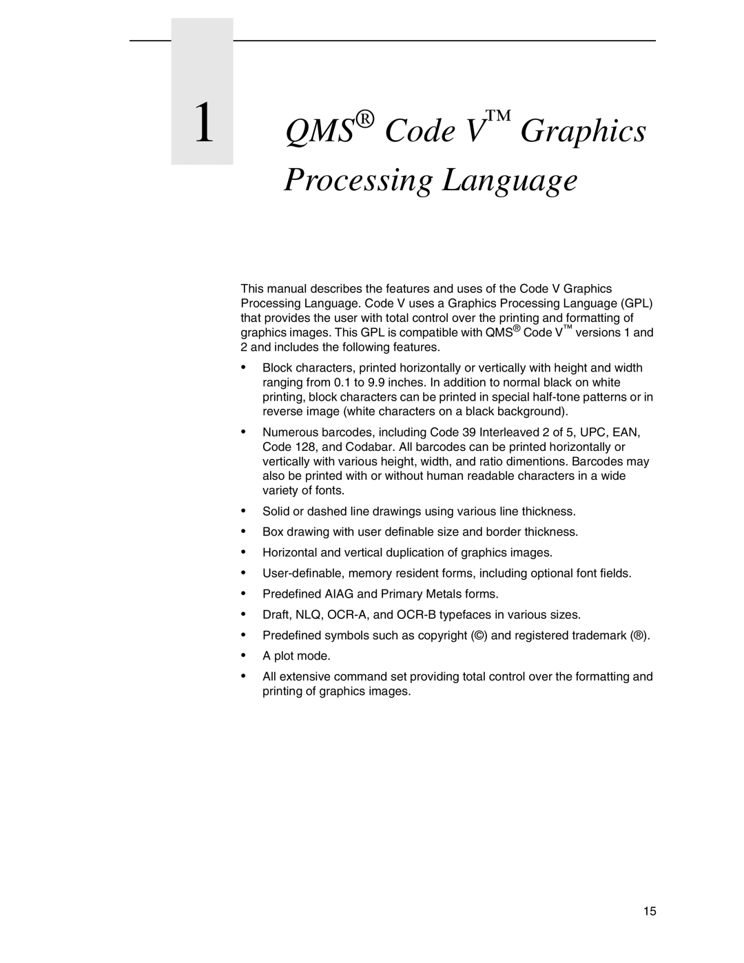 Tally Genicom 6600 manual QMS Code V Graphics Processing Language 