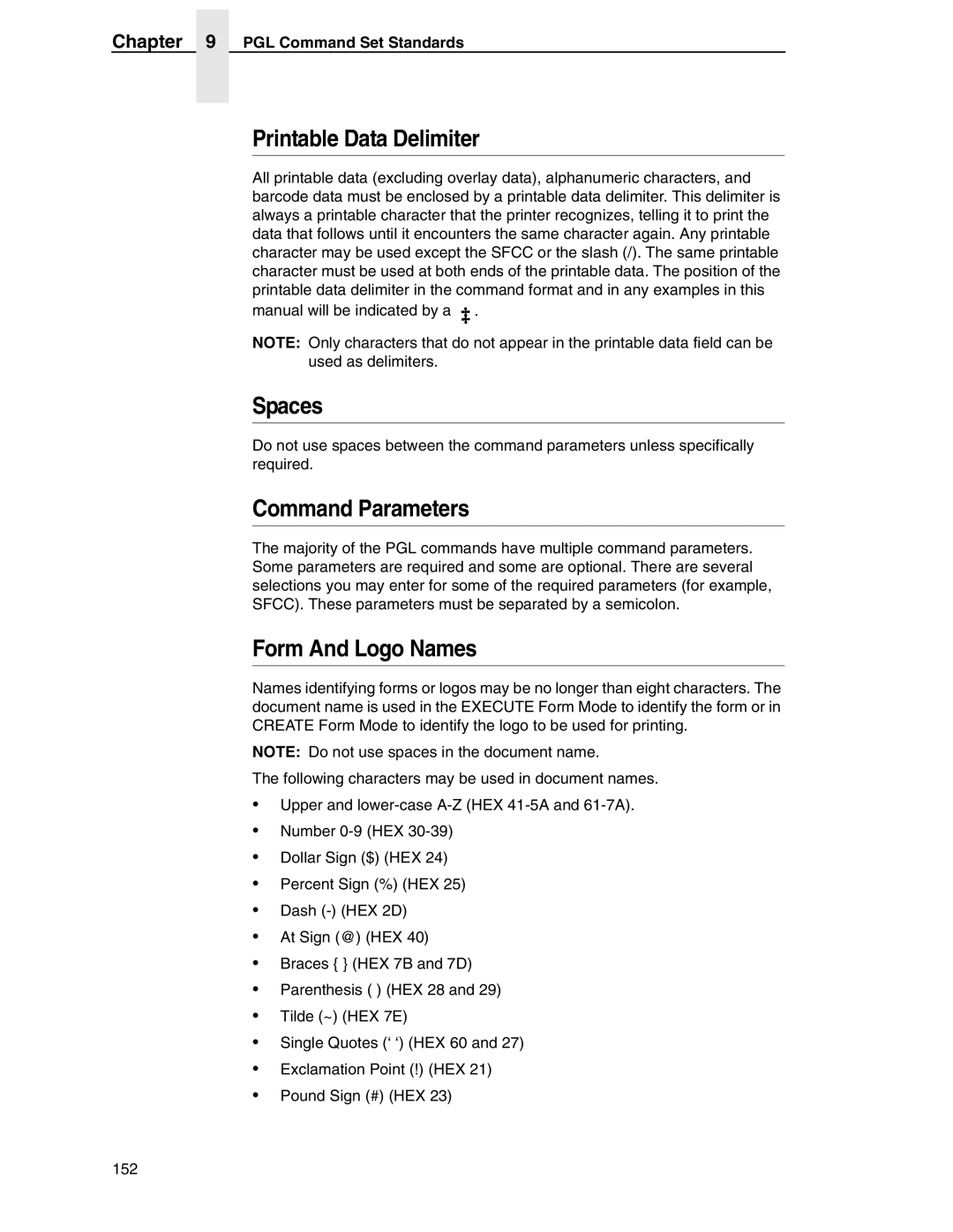 Tally Genicom 6600 Printable Data Delimiter, Spaces, Command Parameters, Form And Logo Names, PGL Command Set Standards 