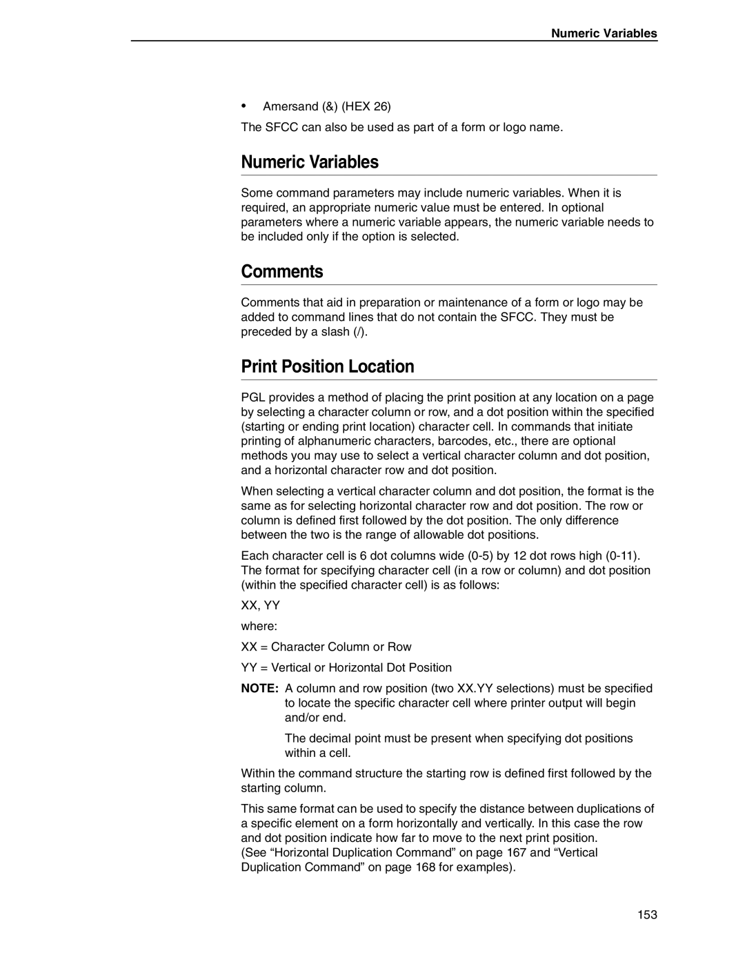 Tally Genicom 6600 manual Numeric Variables, Comments, Print Position Location, Xx, Yy 