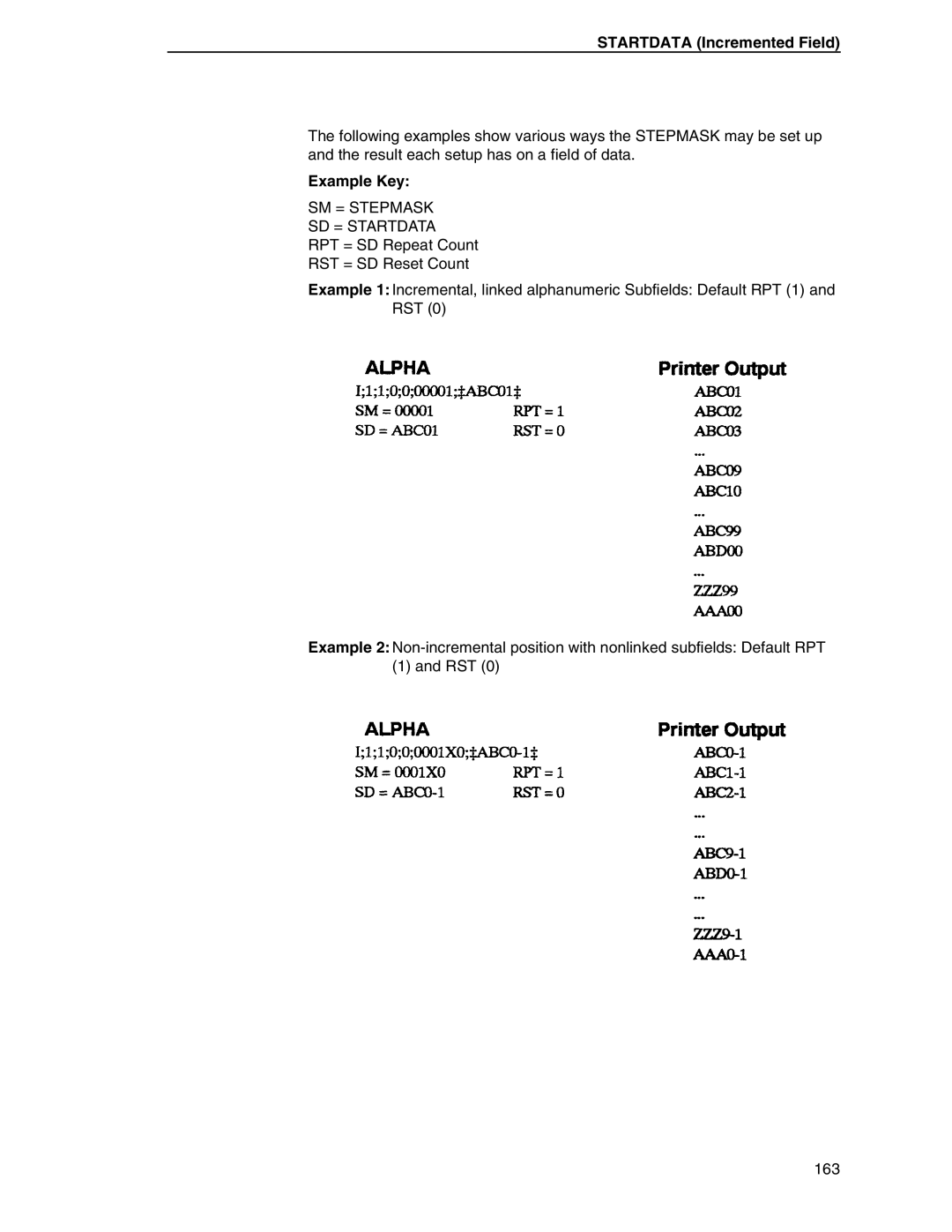 Tally Genicom 6600 manual Startdata Incremented Field, Example Key, SM = Stepmask SD = Startdata 