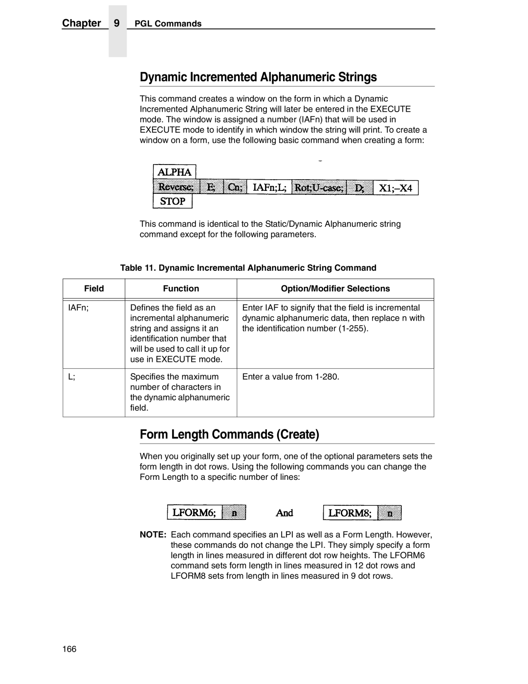 Tally Genicom 6600 manual Dynamic Incremented Alphanumeric Strings, Form Length Commands Create 