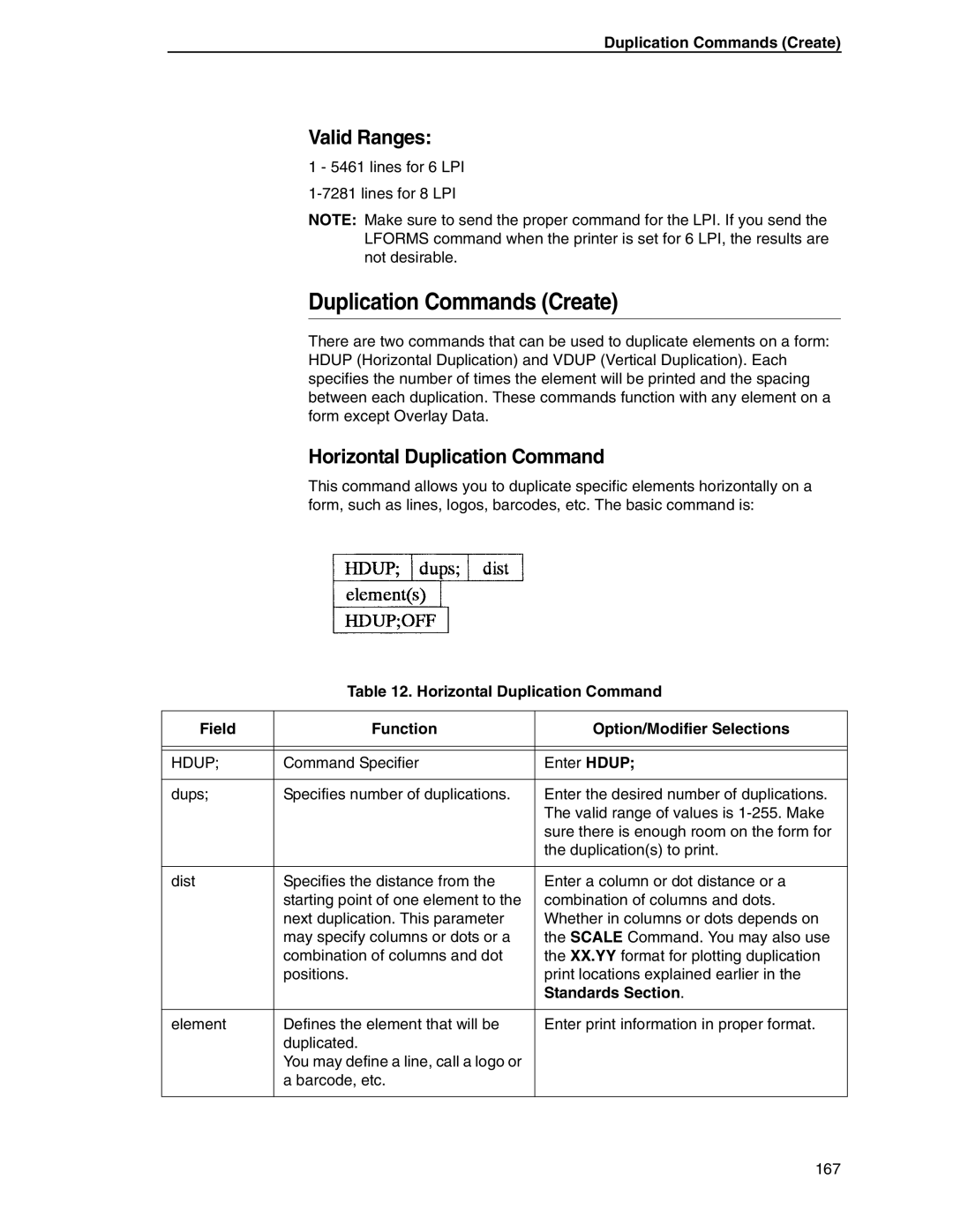 Tally Genicom 6600 manual Duplication Commands Create, Valid Ranges, Horizontal Duplication Command, Standards Section 