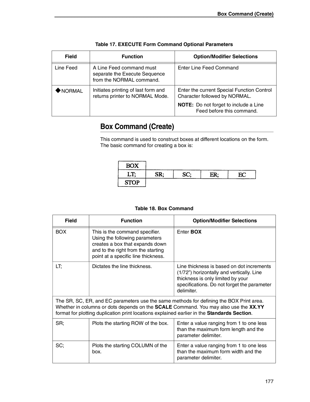 Tally Genicom 6600 manual Box Command Create, Box Command Field Function Option/Modifier Selections 