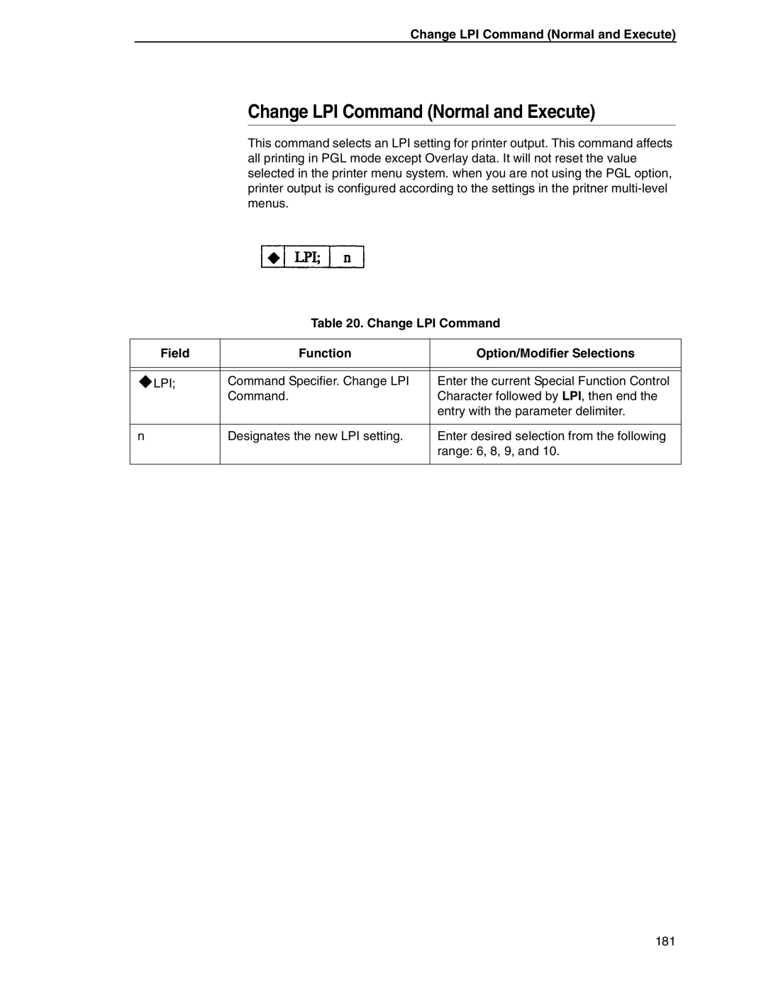 Tally Genicom 6600 manual Change LPI Command Normal and Execute, Lpi 