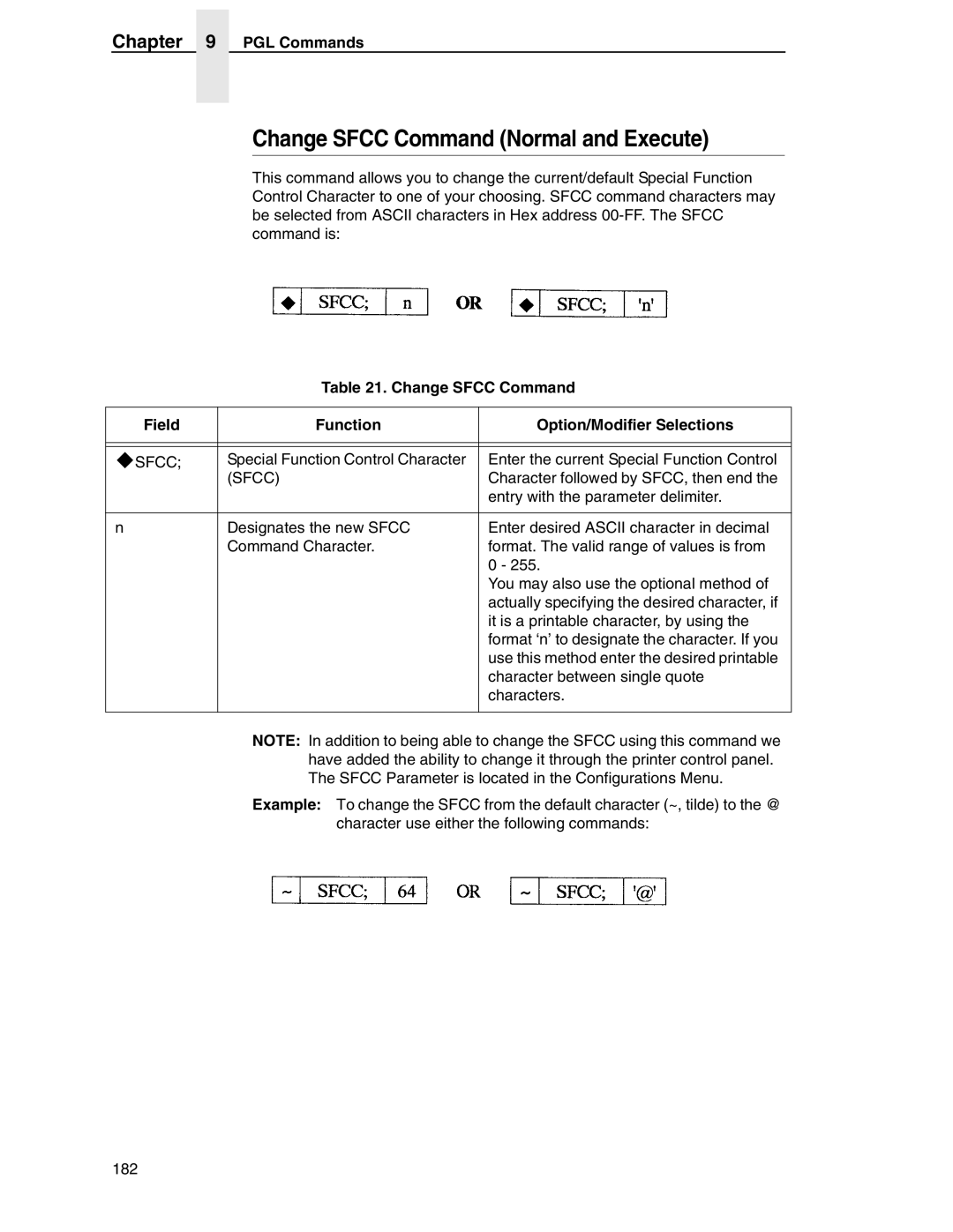 Tally Genicom 6600 manual Change Sfcc Command Normal and Execute, PGL Commands Field 