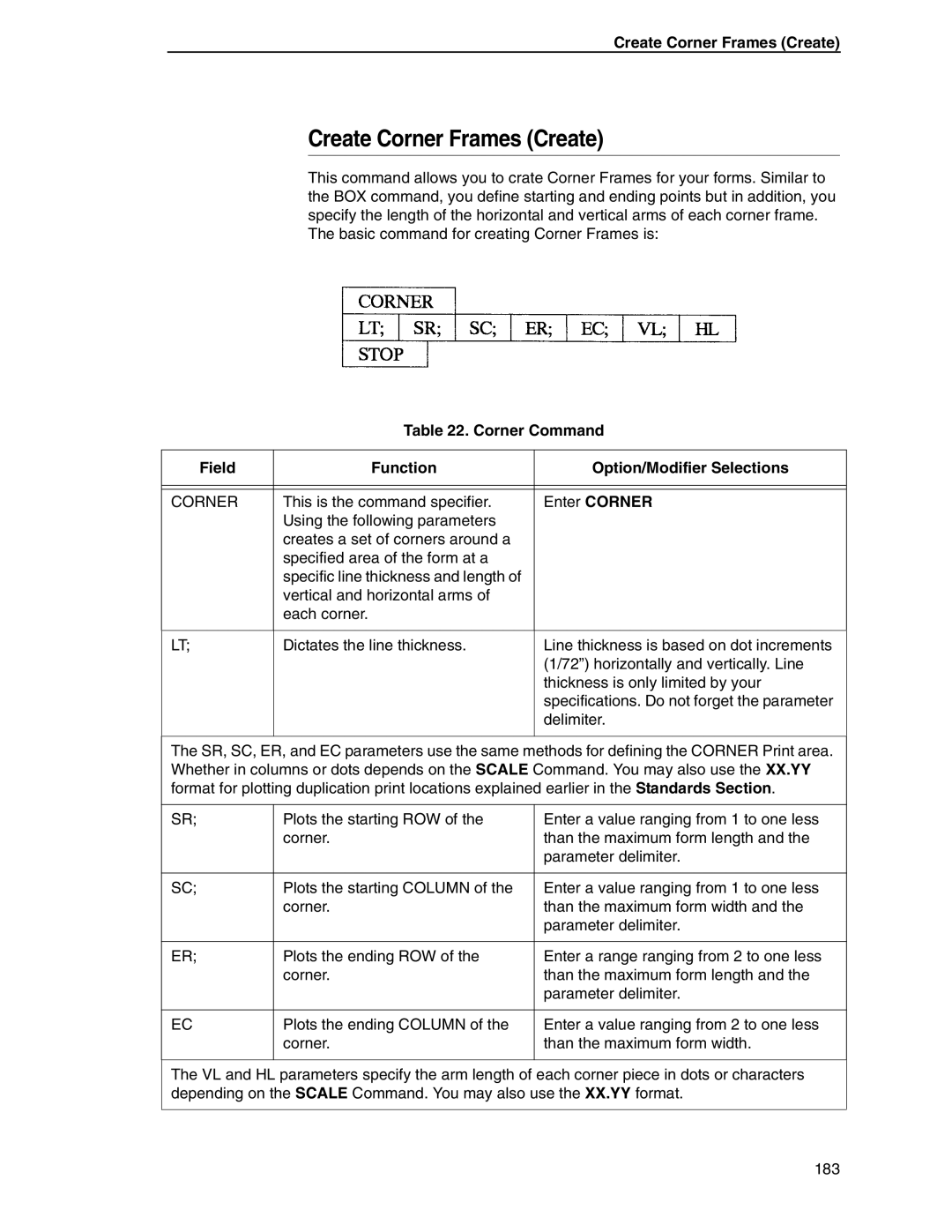 Tally Genicom 6600 manual Create Corner Frames Create, Corner Command Field Function Option/Modifier Selections 