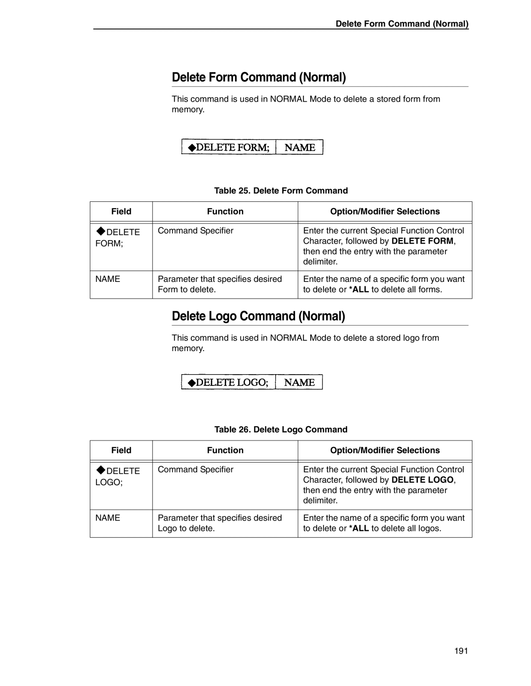 Tally Genicom 6600 manual Delete Form Command Normal, Delete Logo Command Normal 