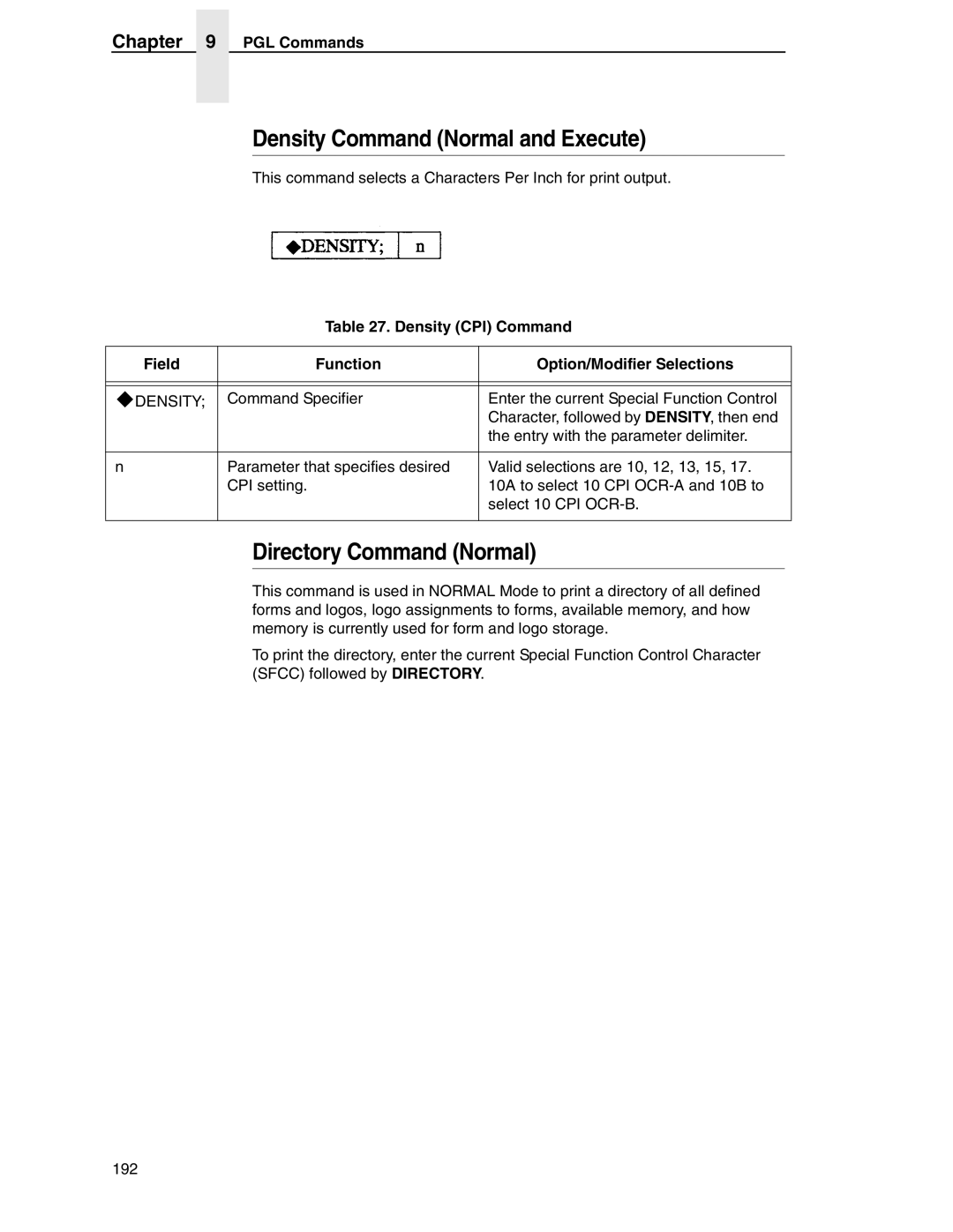 Tally Genicom 6600 manual Density Command Normal and Execute, Directory Command Normal 