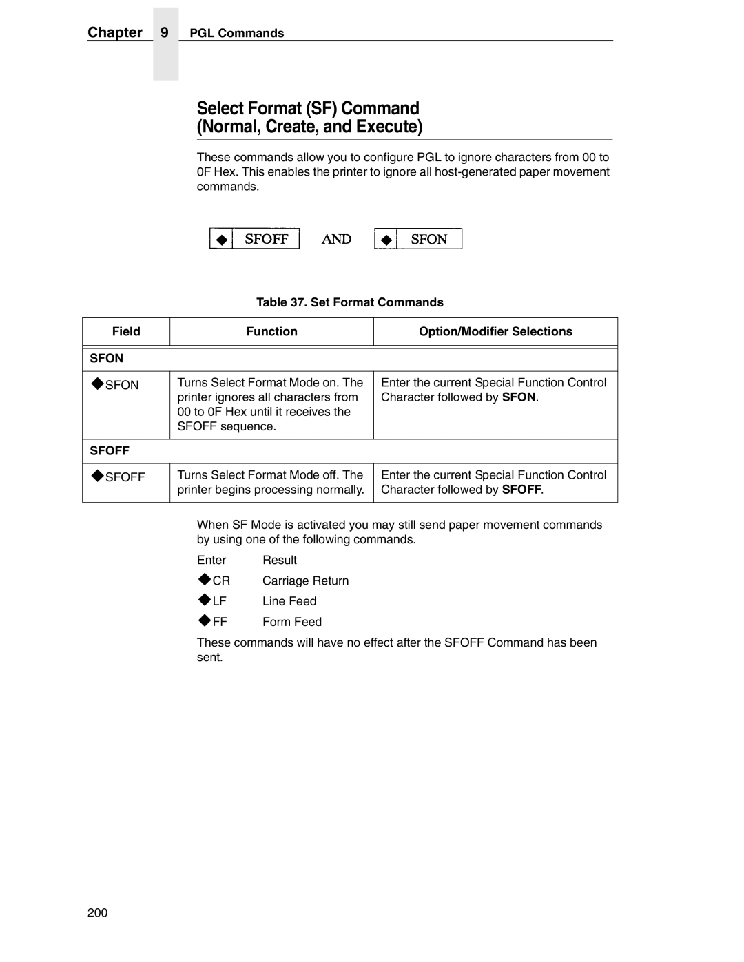 Tally Genicom 6600 manual Select Format SF Command Normal, Create, and Execute, Sfon 