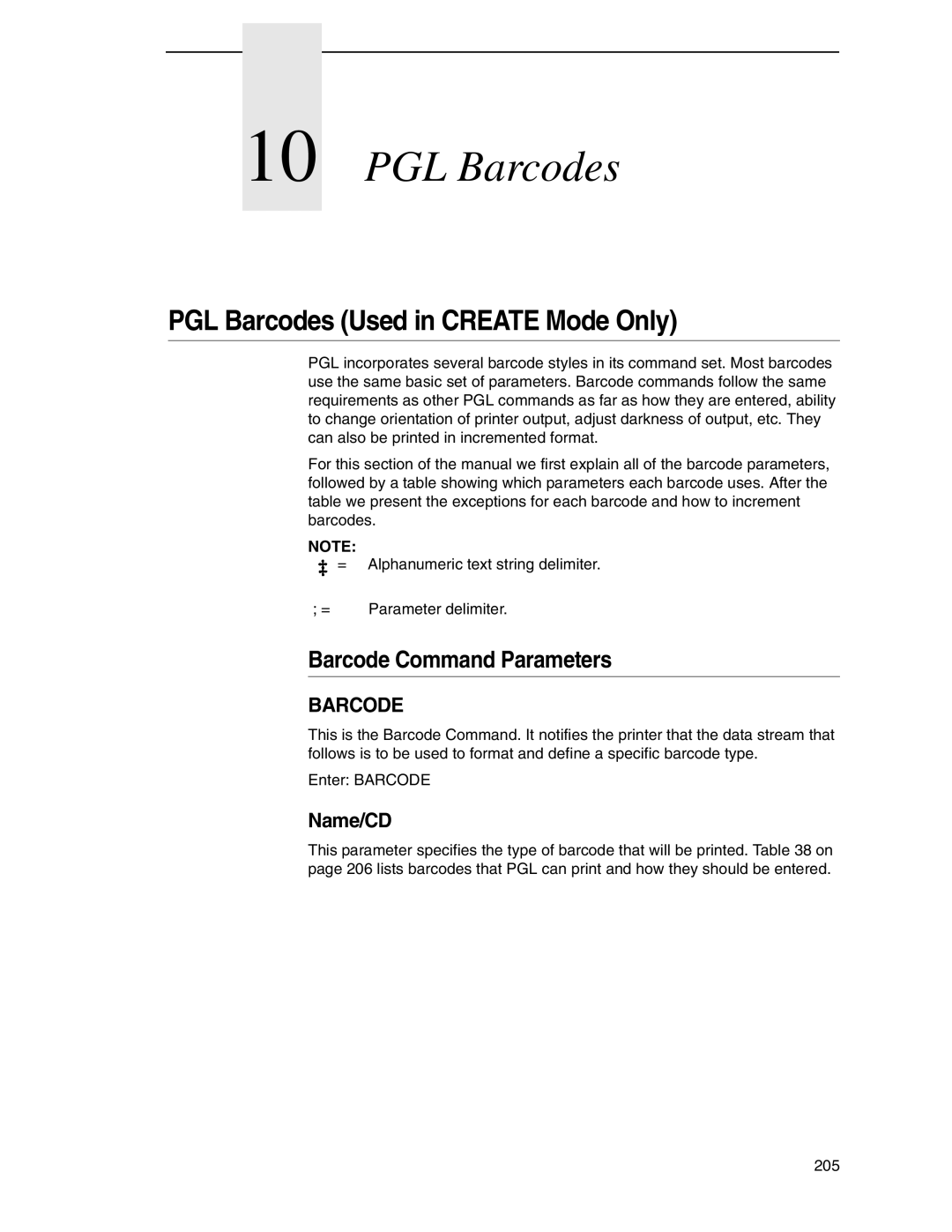 Tally Genicom 6600 manual PGL Barcodes Used in Create Mode Only, Barcode Command Parameters, Name/CD 