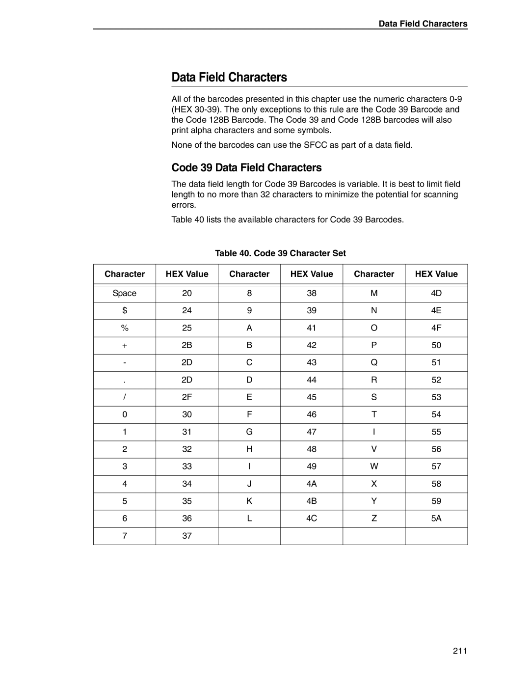 Tally Genicom 6600 manual Code 39 Data Field Characters, Code 39 Character Set HEX Value 